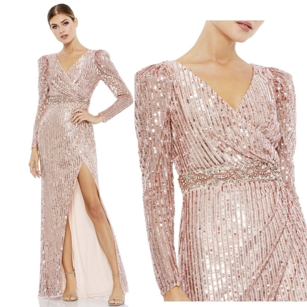 Mac Duggal Size 14 Rose Pink 93549 Sequin Embellished Long Sleeve Gown Dress NWT